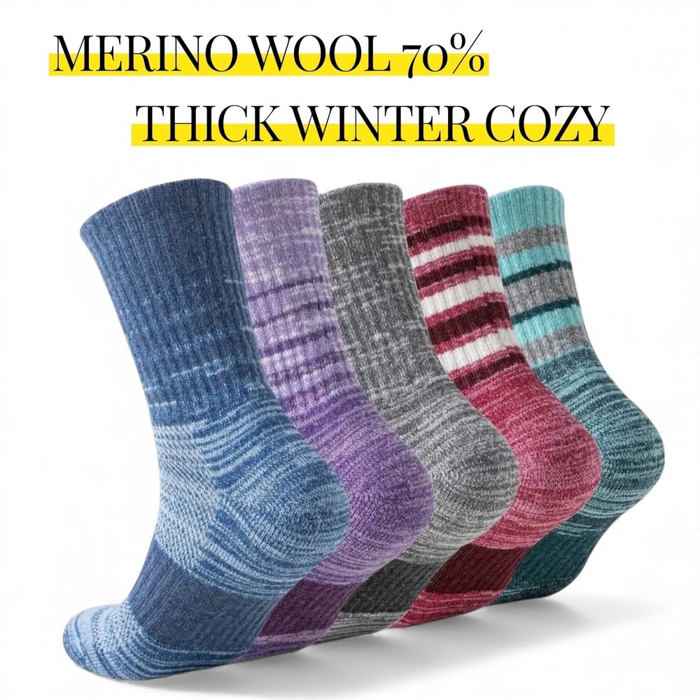 Unisex Merino 70% Wool Mid-Crew Anti-Blister Hiking Socks Large Multi Colors 5pk
